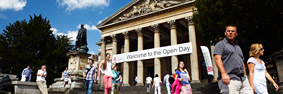 Visitors walking outside the historic Victoria Rooms on a University of Bristol open day.